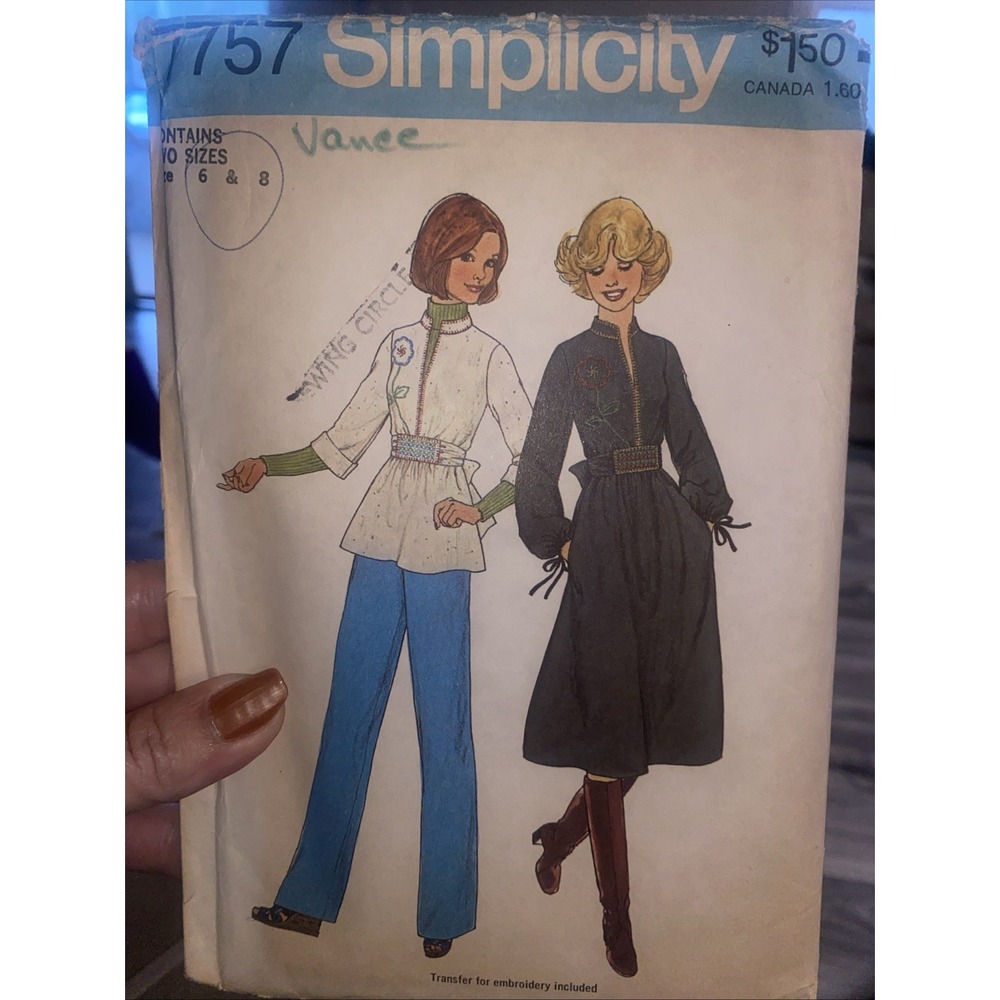 Vtg 70's Simplicity 7757 Pullover Dress Top Pattern & Embroidery Transfer sz 6-8